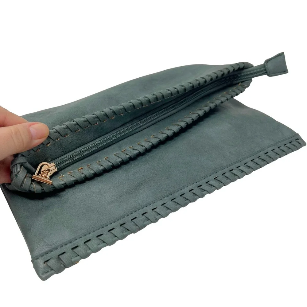 Moda Luxe Teal Foldover Clutch Crossbody Bag PU Leather Braided Trim‎